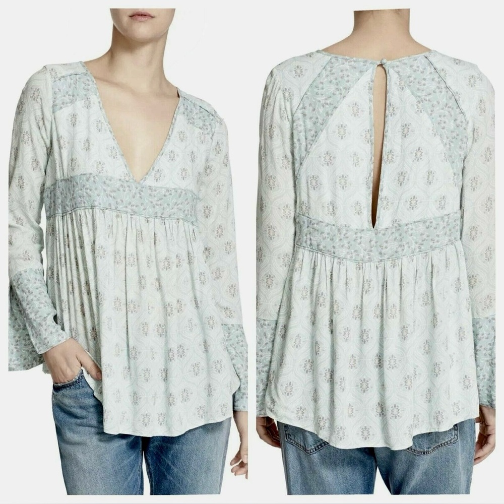 Free People Rolling Hills Boho Blouse Green Combo Bell Sleeves Size Small